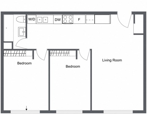 Floor plan for 2 beds, 1 bath, 670 sqft
